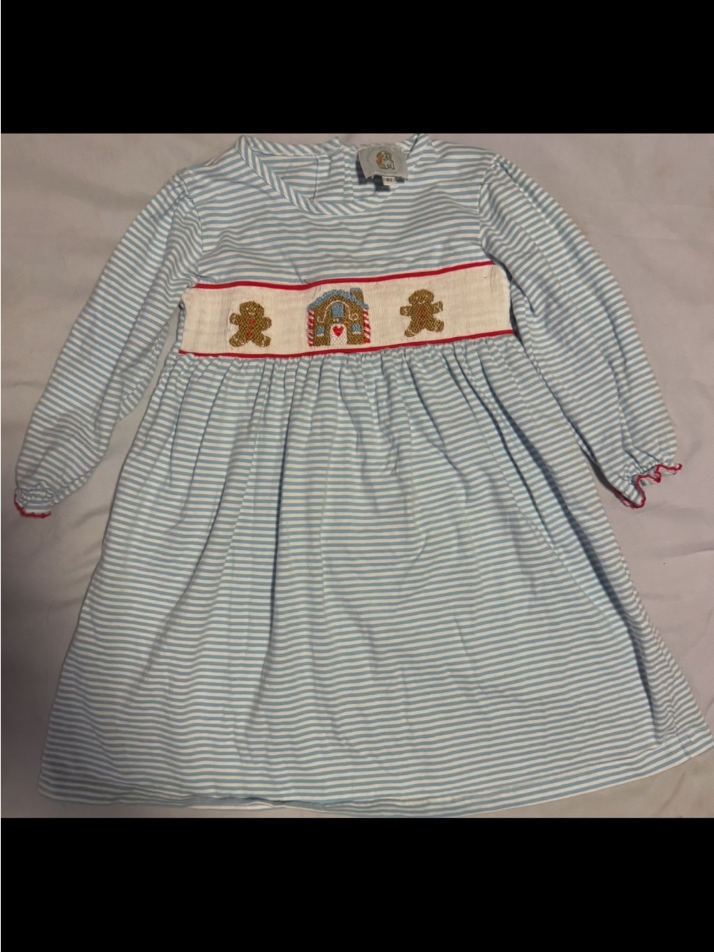 Smocking Dog: Girls Blue Stripe Smocked Gingerbread Dress